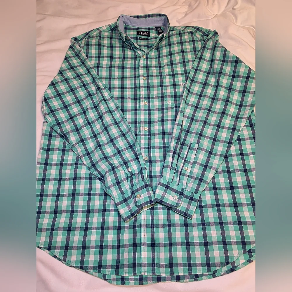 Chaps Long Sleeve Button Down Sunset Green Plaid Shirt- Men's Size XLT